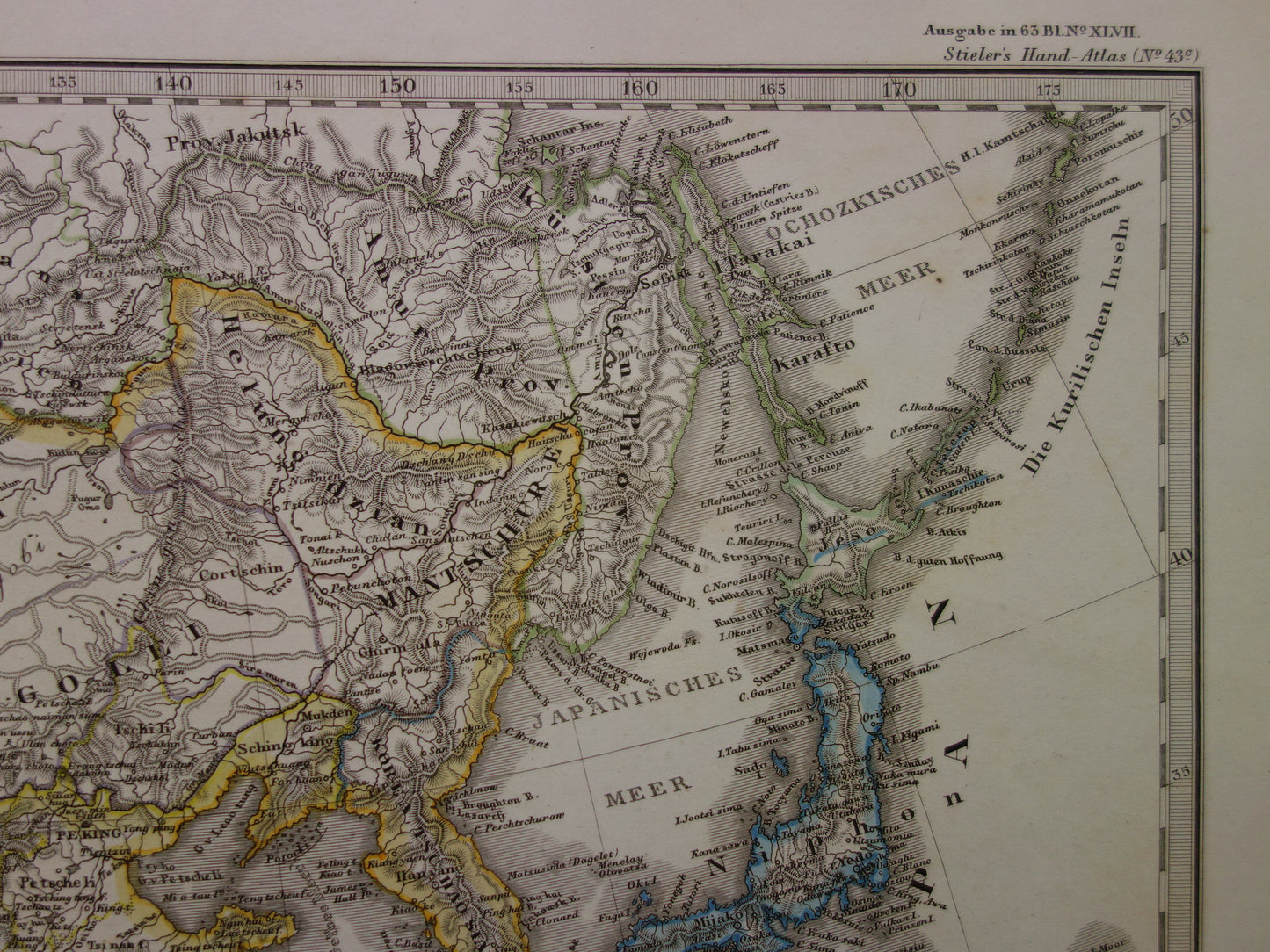 Alte deutsche Karte von China und Japan aus dem Jahr 1863 – originale antike Karte, Vintage-Poster, Asien