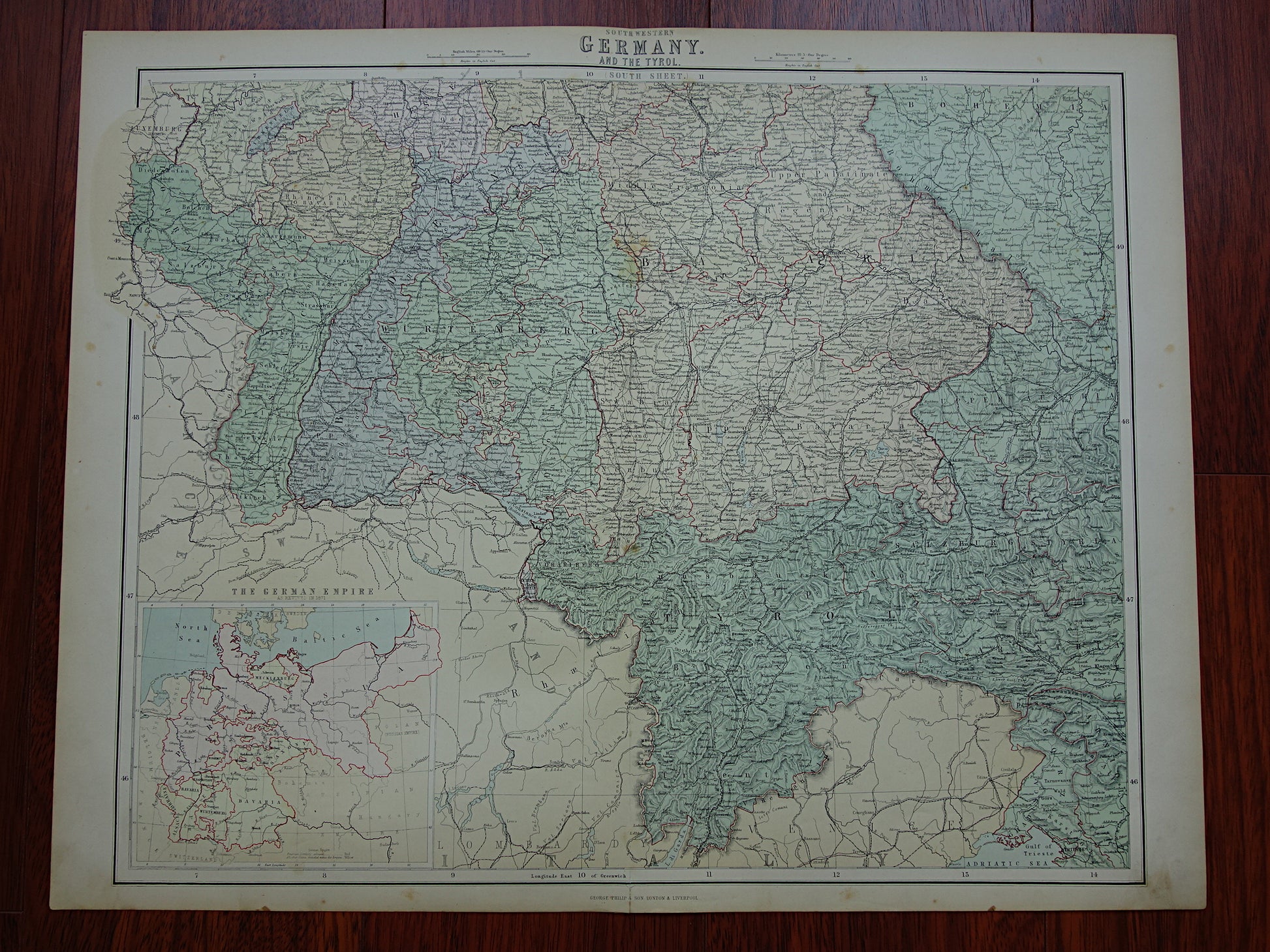 Beieren Duitsland Originele grote oude landkaart van Zuid-Duitsland uit 1890 vintage kaart met Elzas-Lotharingen München