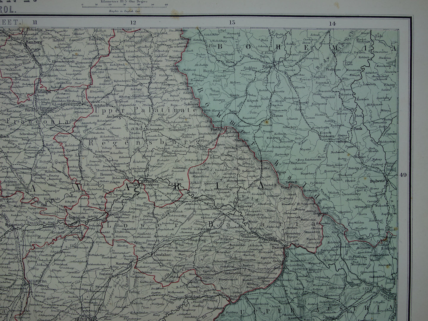 Bavaria Germany Original large old map of Southern Germany from 1890 vintage map with Alsace-Lorraine Munich