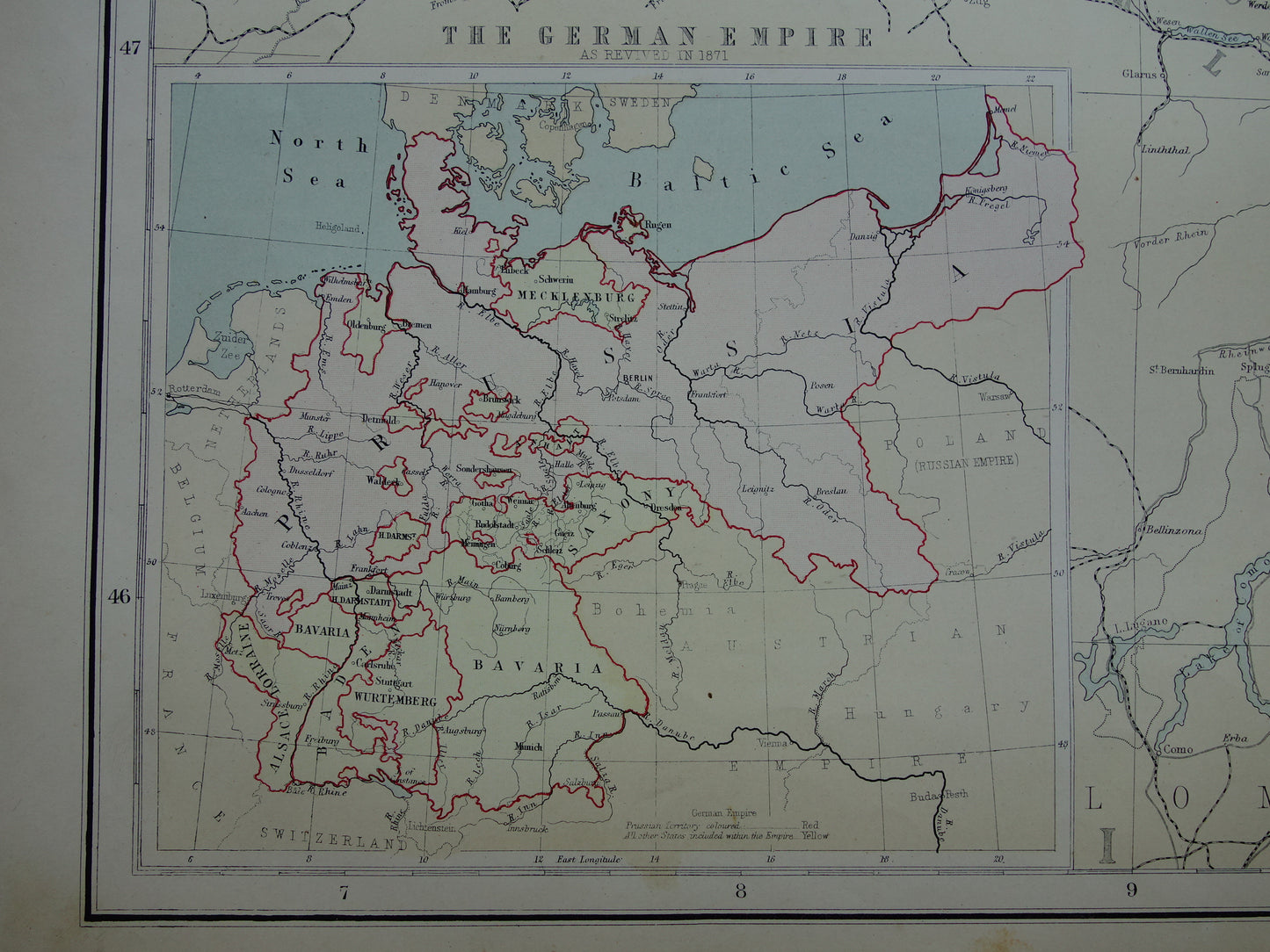 Bavaria Germany Original large old map of Southern Germany from 1890 vintage map with Alsace-Lorraine Munich