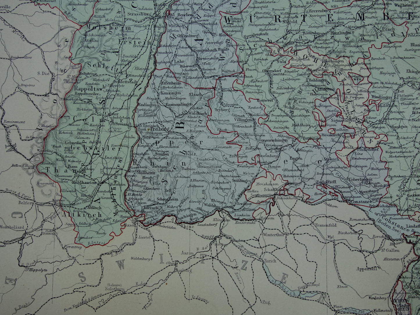 Bavaria Germany Original large old map of Southern Germany from 1890 vintage map with Alsace-Lorraine Munich