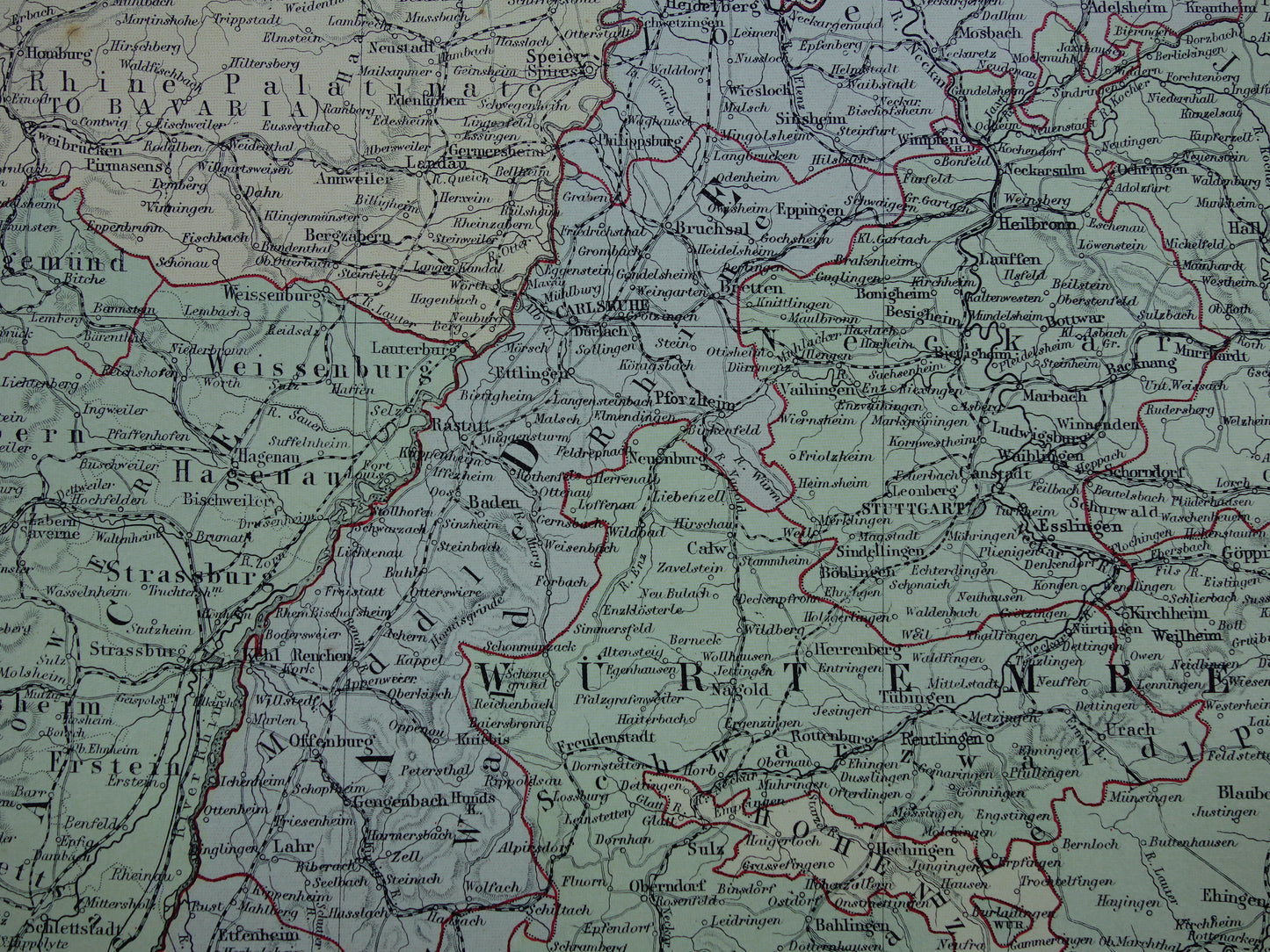 Bavaria Germany Original large old map of Southern Germany from 1890 vintage map with Alsace-Lorraine Munich