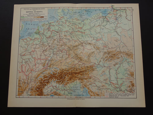 Oude kaart van Centraal Europa en Duitsland uit 1928 originele antieke hoogtekaart Alpen Bergen Rivieren Geologie te koop