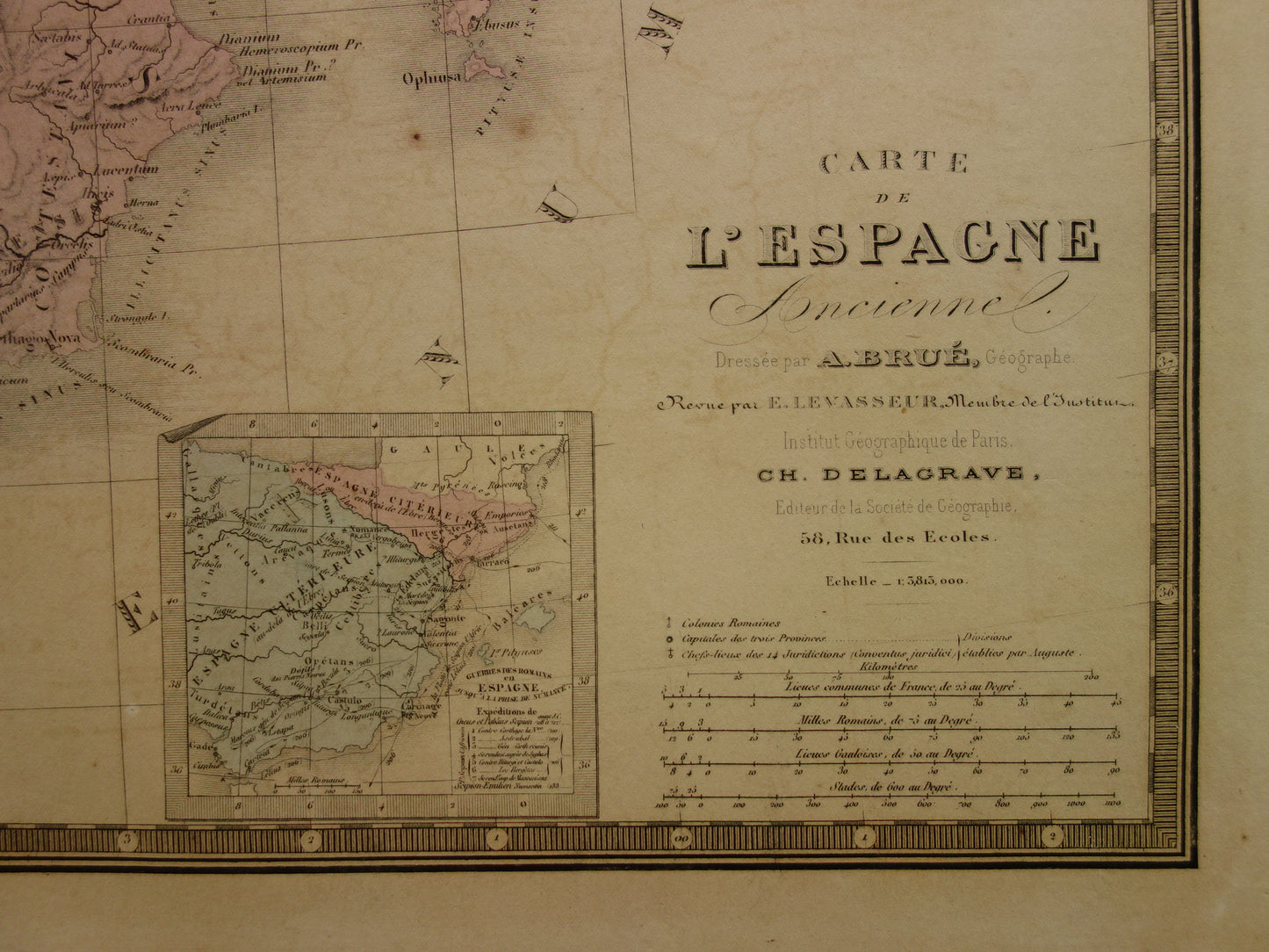 SPAIN old map of Spain and Portugal in antiquity 1875 original large antique map Hispania in Roman times