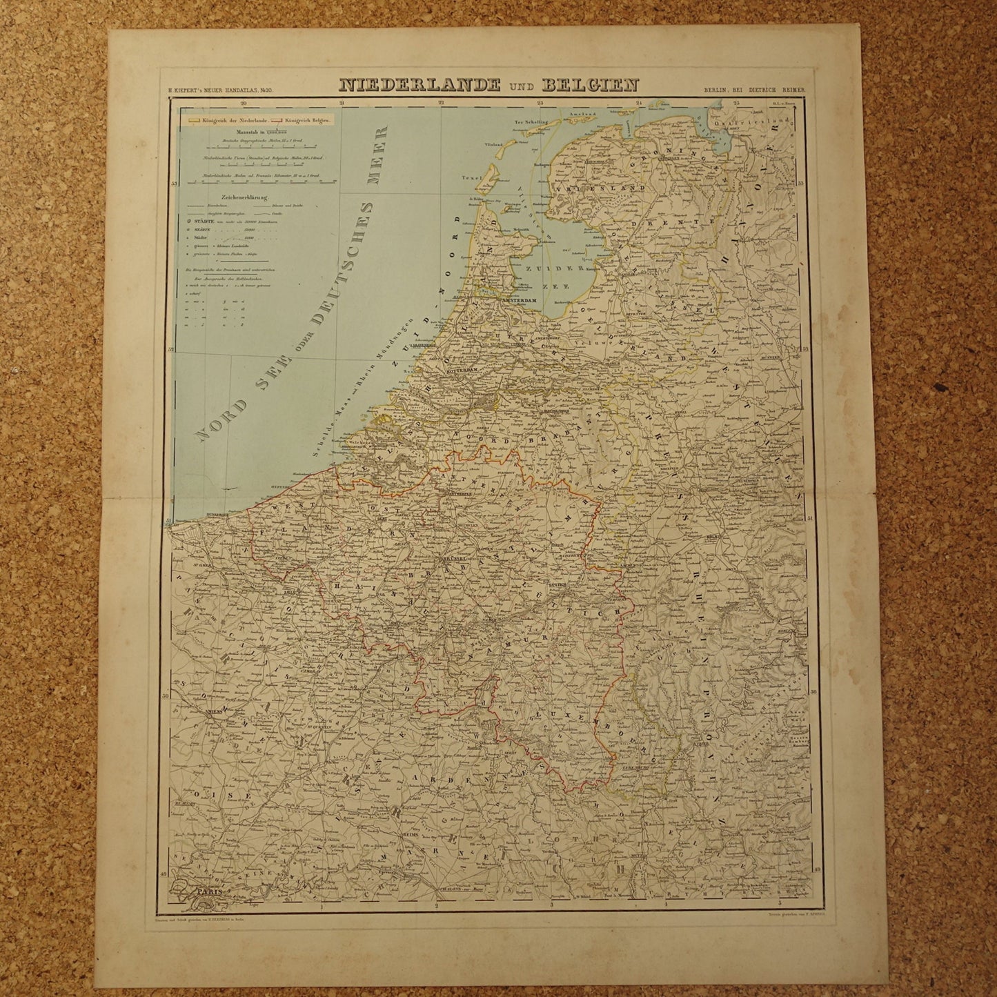 Old map of the Netherlands and Belgium from 1860 original antique large hand-colored map
