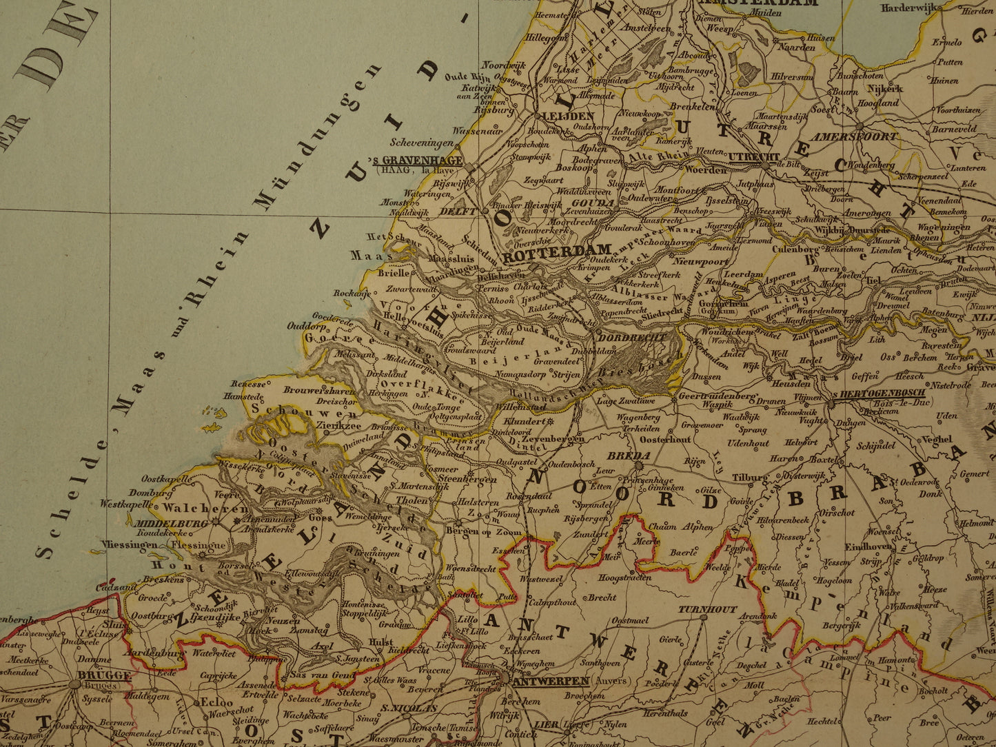 Old map of the Netherlands and Belgium from 1860 original antique large hand-colored map