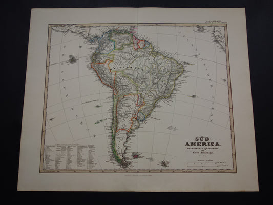 ZUID-AMERIKA Oude kaart van Zuid-Amerikaans continent in 1860 originele antieke Duitse handgekleurde landkaart poster Brazilië Patagonië Chili met jaartal