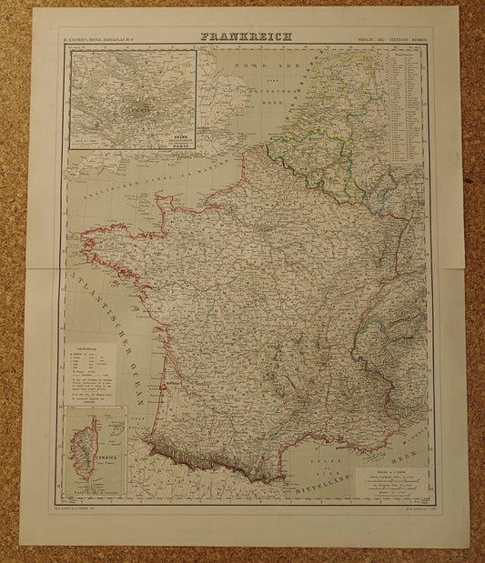 Antieke kaart van Frankrijk in 1856 originele oude landkaart poster met jaartal/datum Parijs groot formaat
