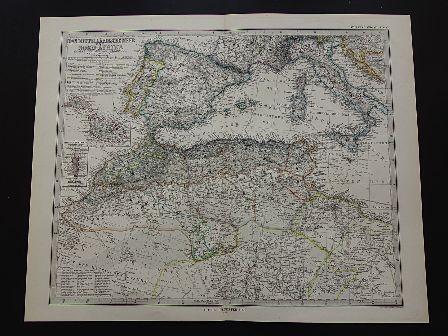 Noord-Afrika oude landkaart van westelijk deel Middellandse Zeegebied uit 1877 originele antieke Duitse kaart van Marokko Algerije Italië Spanje