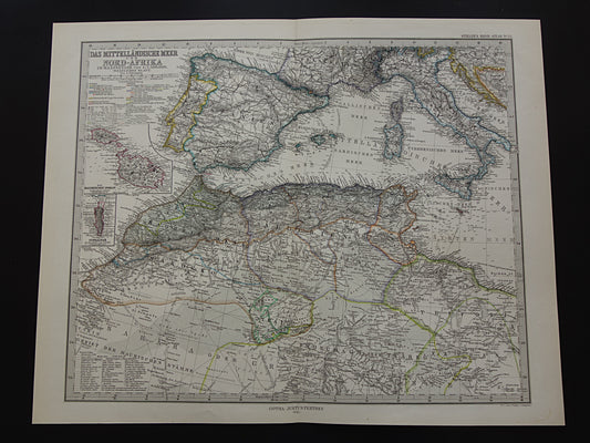 Noord-Afrika oude landkaart van westelijk deel Middellandse Zeegebied uit 1877 originele antieke Duitse kaart van Marokko Algerije Italië Spanje