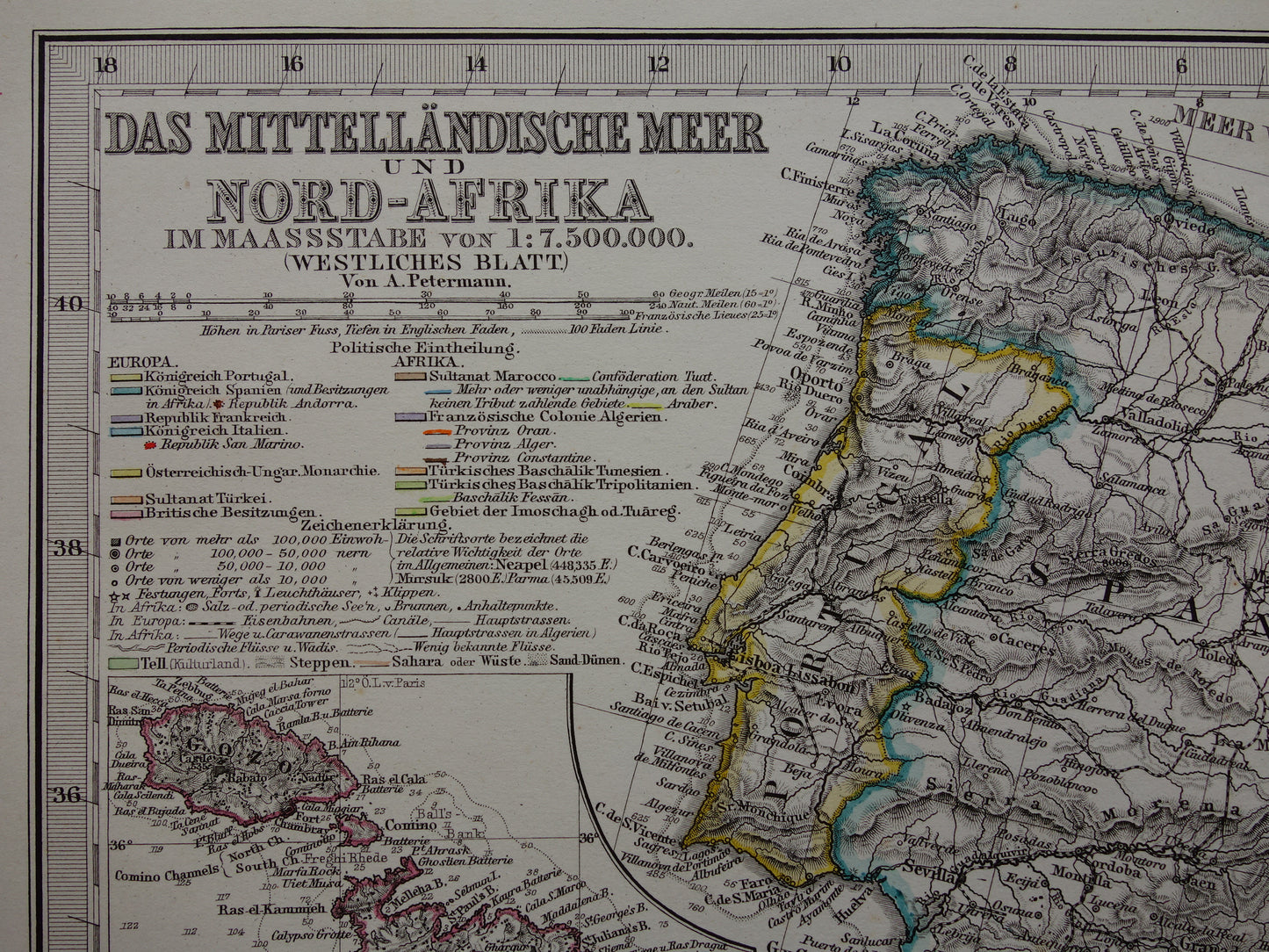 Noord-Afrika oude landkaart van westelijk deel Middellandse Zeegebied uit 1877 originele antieke Duitse kaart van Marokko Algerije Italië Spanje