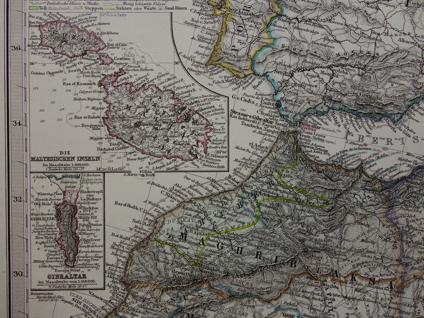 Noord-Afrika oude landkaart van westelijk deel Middellandse Zeegebied uit 1877 originele antieke Duitse kaart van Marokko Algerije Italië Spanje