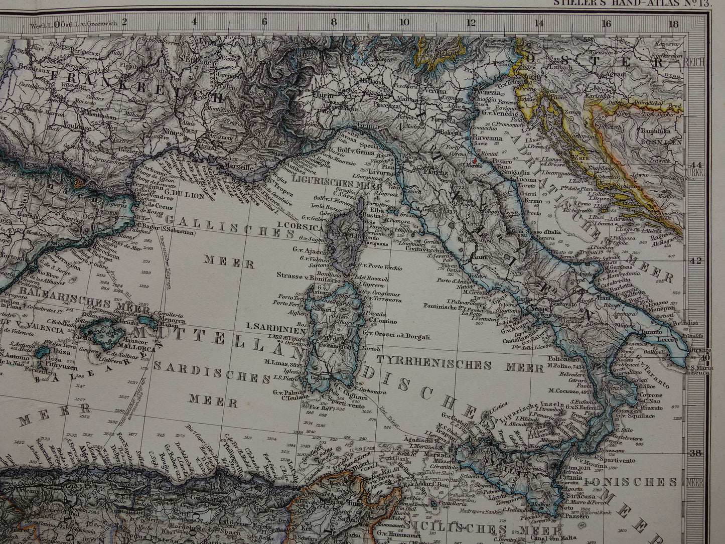 Noord-Afrika oude landkaart van westelijk deel Middellandse Zeegebied uit 1877 originele antieke Duitse kaart van Marokko Algerije Italië Spanje