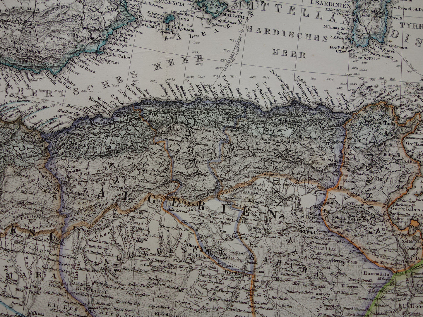Noord-Afrika oude landkaart van westelijk deel Middellandse Zeegebied uit 1877 originele antieke Duitse kaart van Marokko Algerije Italië Spanje
