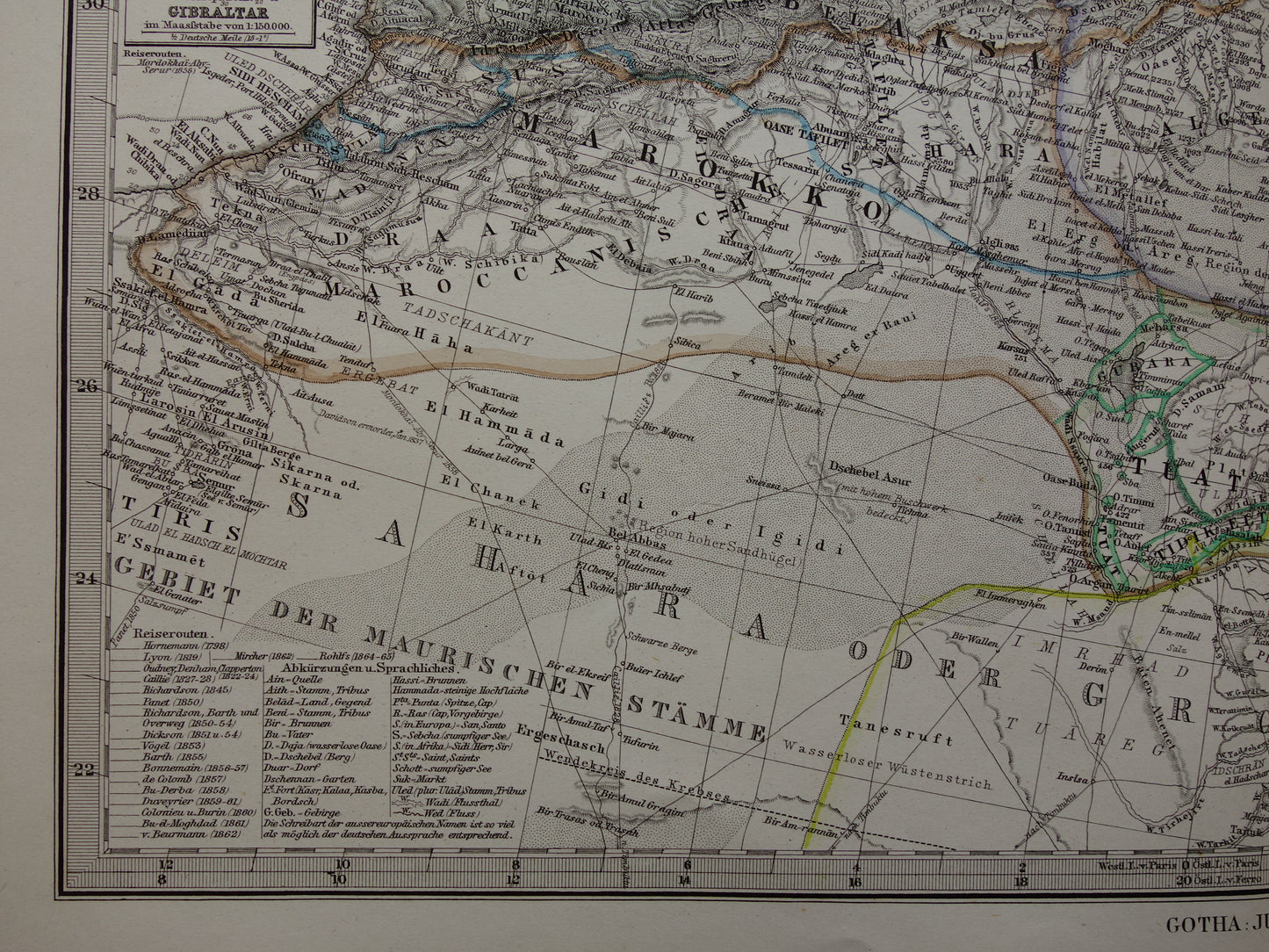 Noord-Afrika oude landkaart van westelijk deel Middellandse Zeegebied uit 1877 originele antieke Duitse kaart van Marokko Algerije Italië Spanje