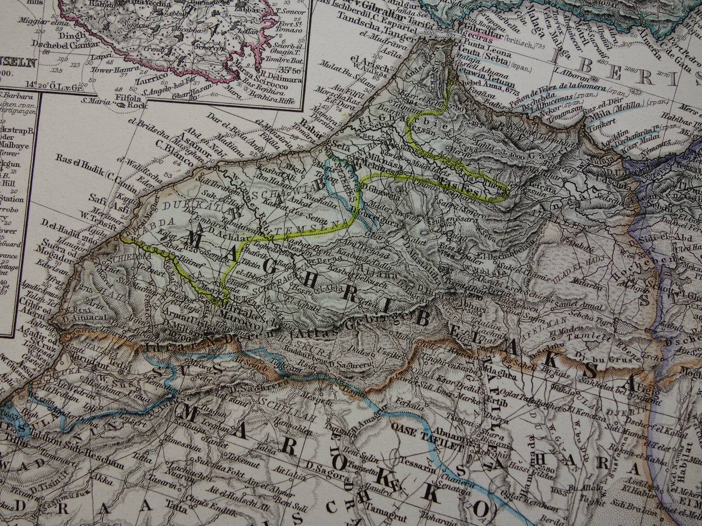 Noord-Afrika oude landkaart van westelijk deel Middellandse Zeegebied uit 1877 originele antieke Duitse kaart van Marokko Algerije Italië Spanje