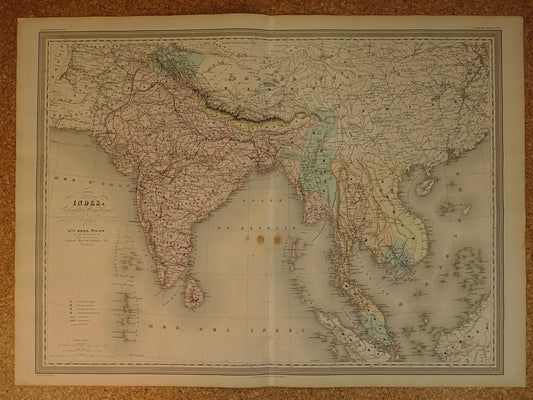 INDIA antieke kaart van India en Zuidoost Azië 1880 originele grote oude landkaart Sri Lanka Thailand Burma Nepal Vietnam vintage poster