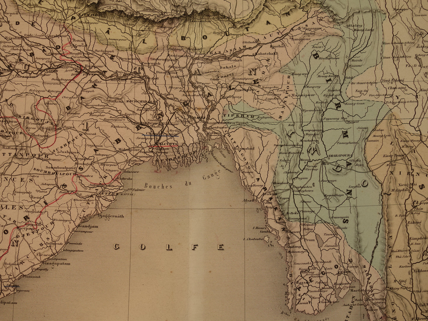 Antike Karte von Indien und Südostasien, Originalkarte von 1880, große alte Karte von Sri Lanka, Thailand, Burma, Nepal und Vietnam, Vintage-Poster