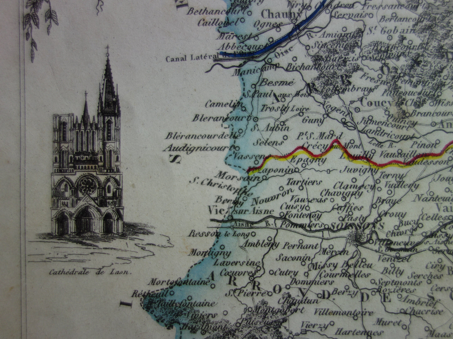 Old map of AISNE department in France from 1851 original antique hand colored map Laon Soissons Saint-Quentin