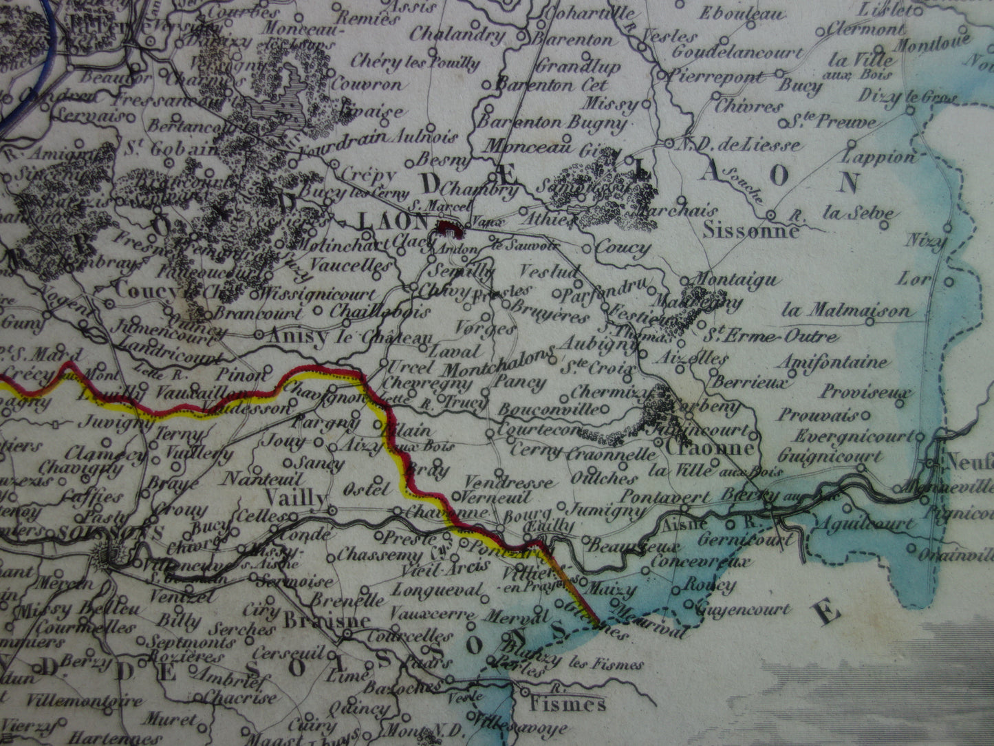 Old map of AISNE department in France from 1851 original antique hand colored map Laon Soissons Saint-Quentin