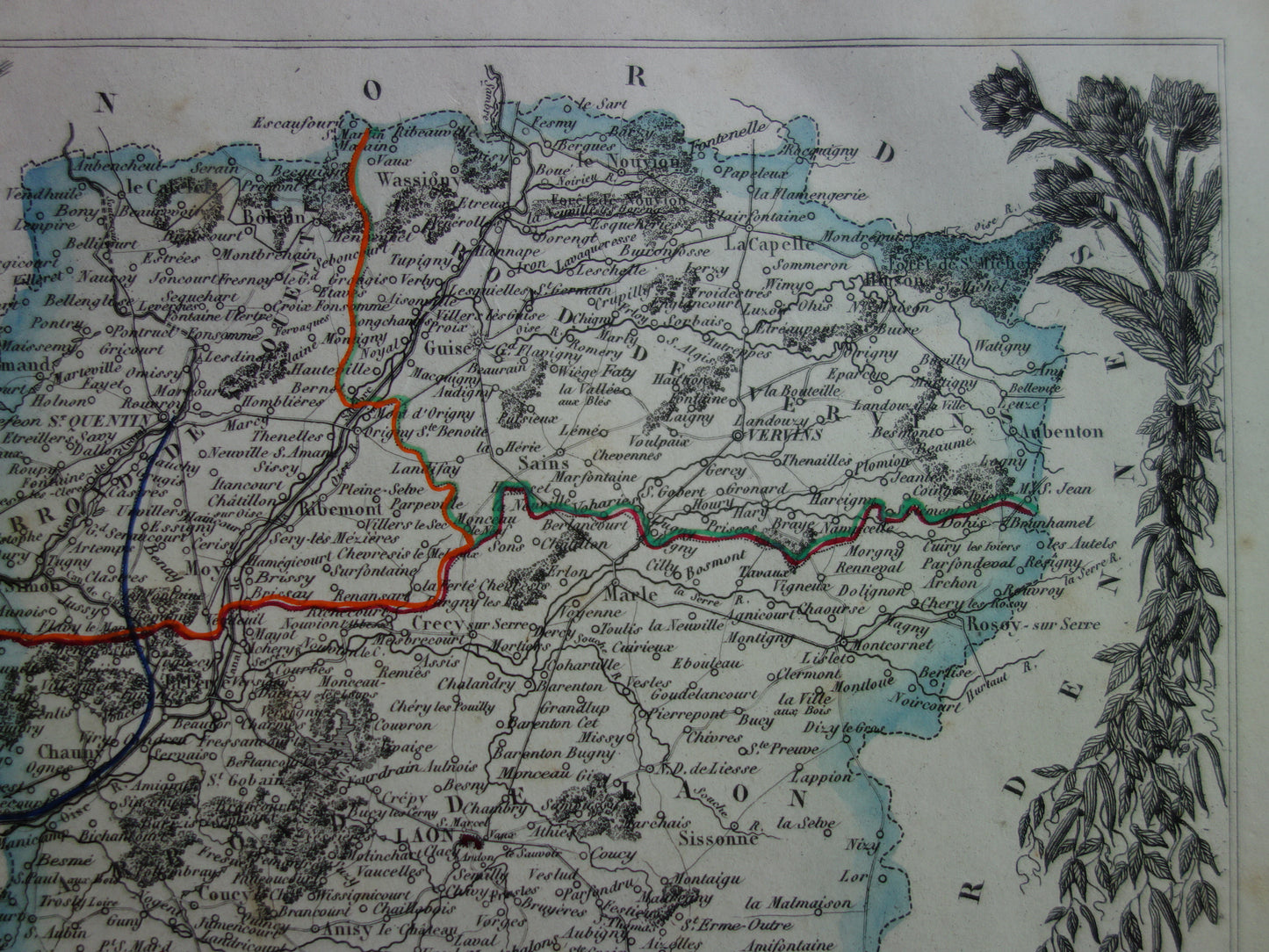 Old map of AISNE department in France from 1851 original antique hand colored map Laon Soissons Saint-Quentin