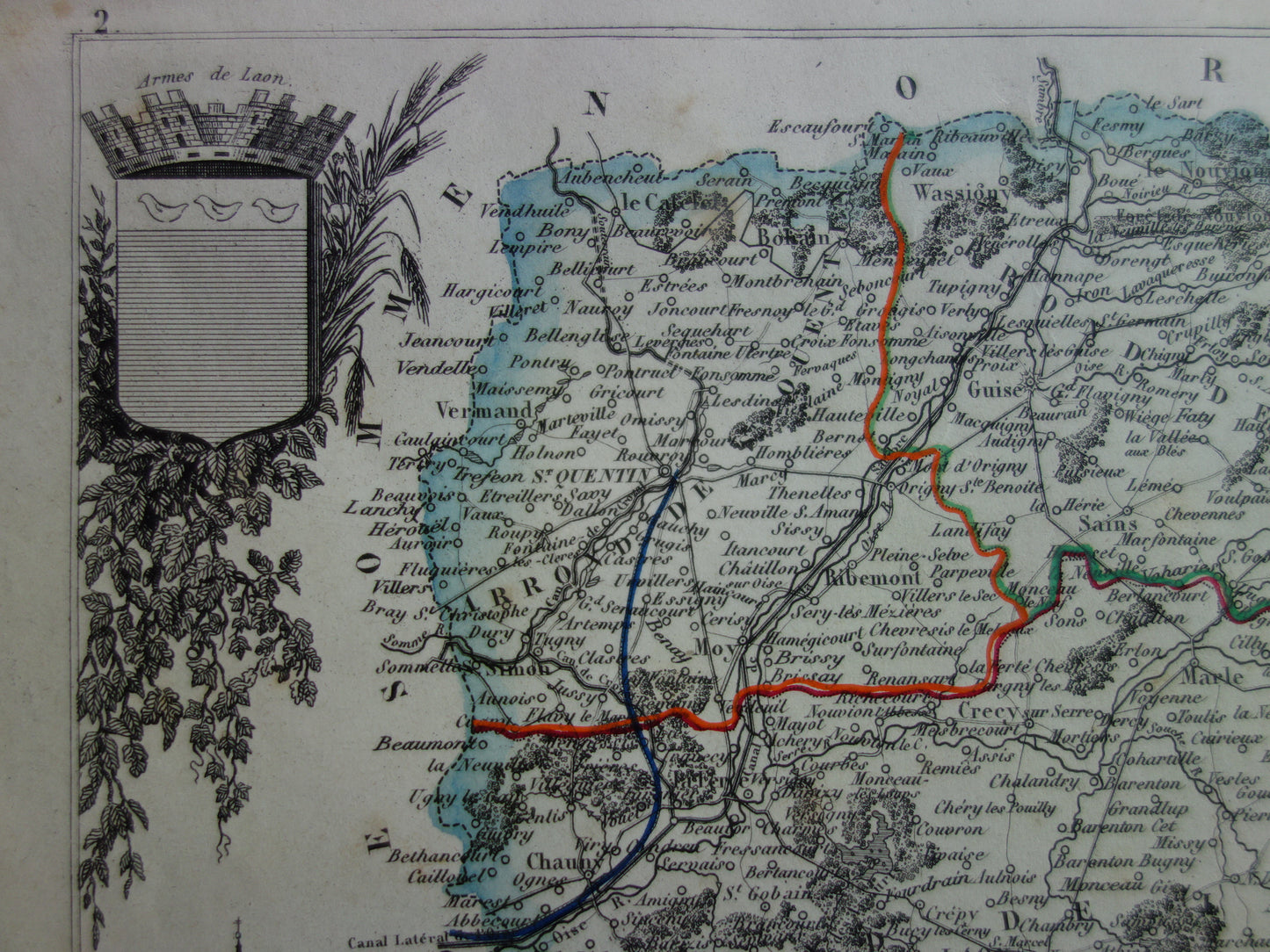 Old map of AISNE department in France from 1851 original antique hand colored map Laon Soissons Saint-Quentin