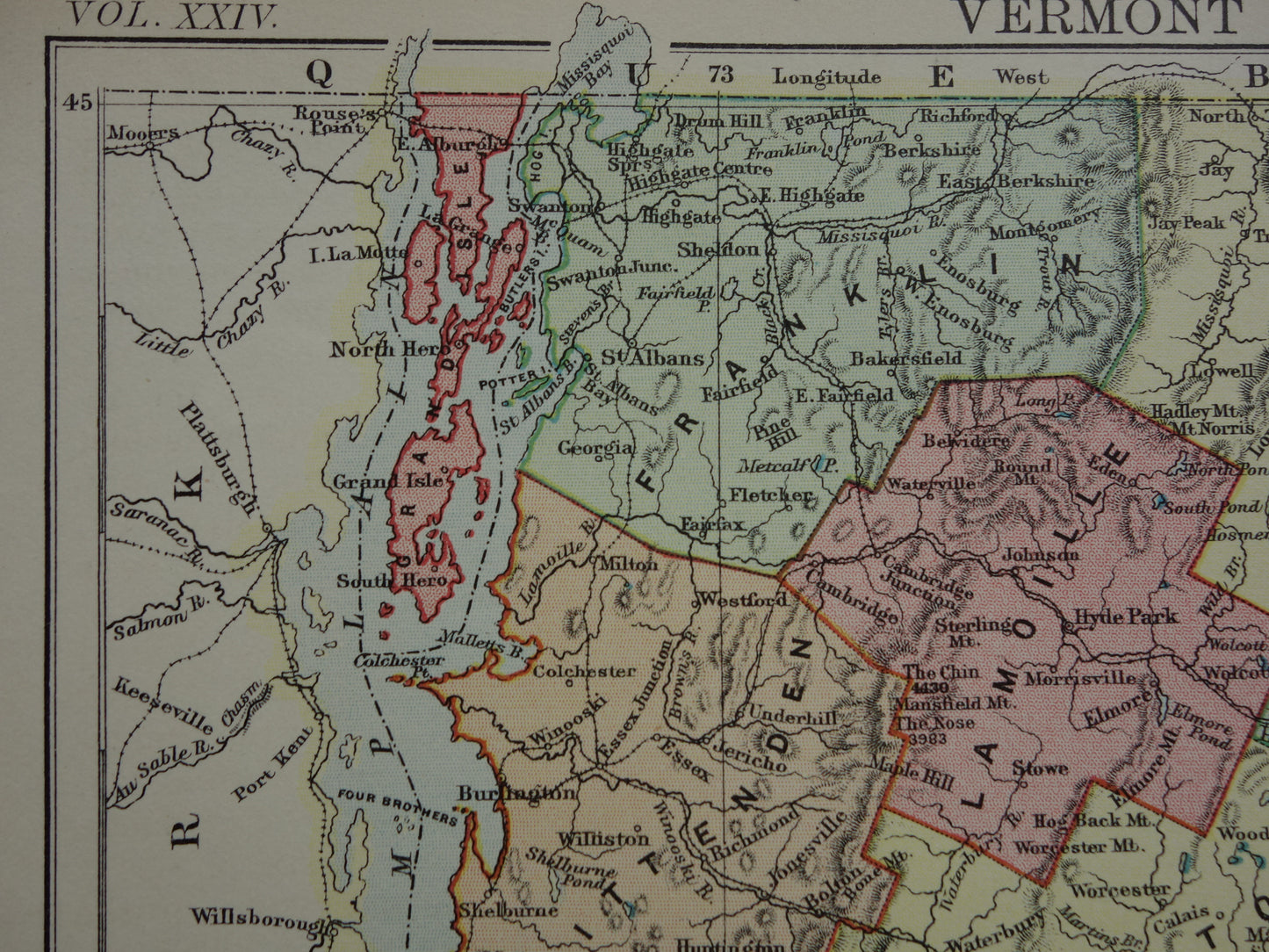 VERMONT Antieke landkaart van de staat Vermont 1888 originele oude kaart Montpelier Burlington Colchester VS te koop