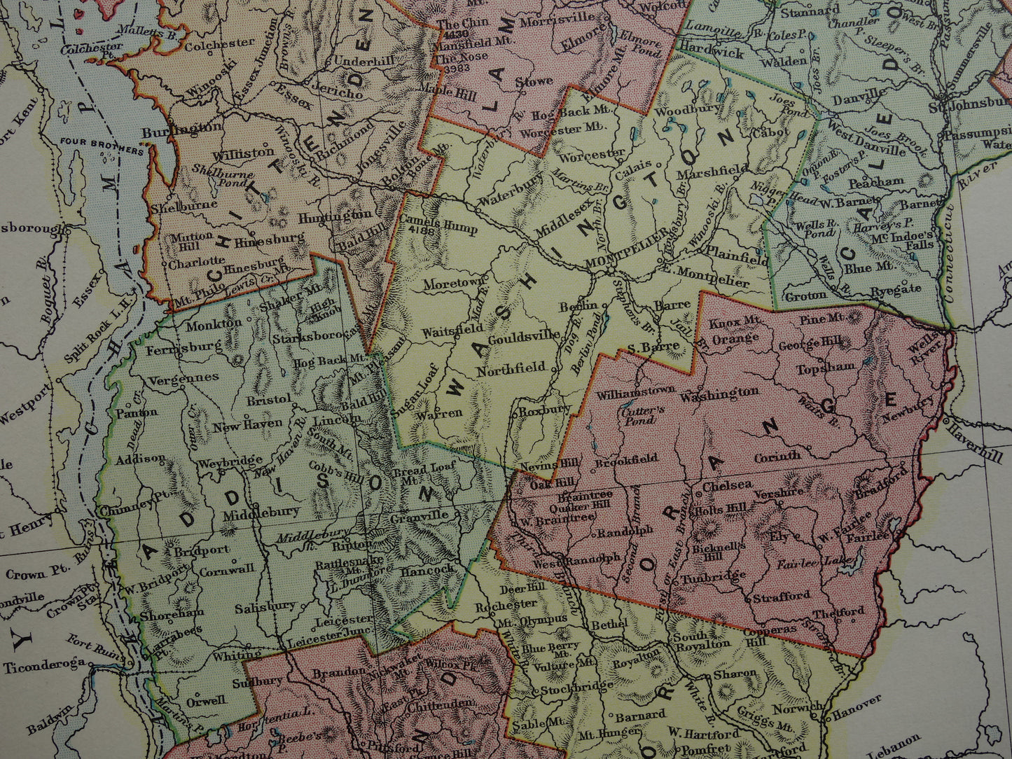 VERMONT Antieke landkaart van de staat Vermont 1888 originele oude kaart Montpelier Burlington Colchester VS te koop