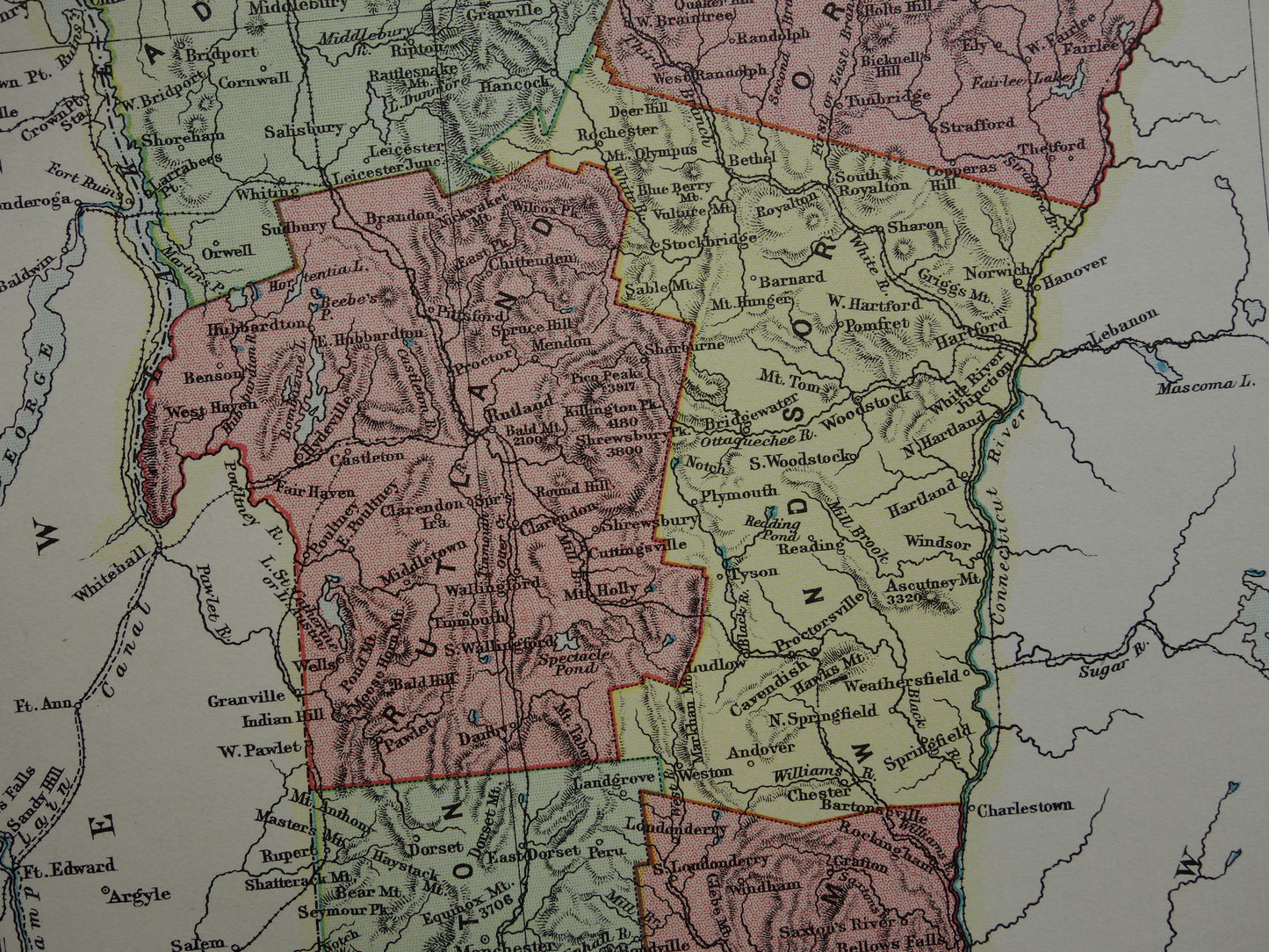 VERMONT Antieke landkaart van de staat Vermont 1888 originele oude kaart Montpelier Burlington Colchester VS te koop