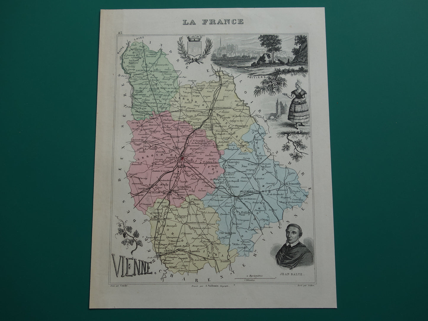 Oude kaart van VIENNE departement in Frankrijk uit 1872 originele antieke handgekleurde landkaart Poitiers