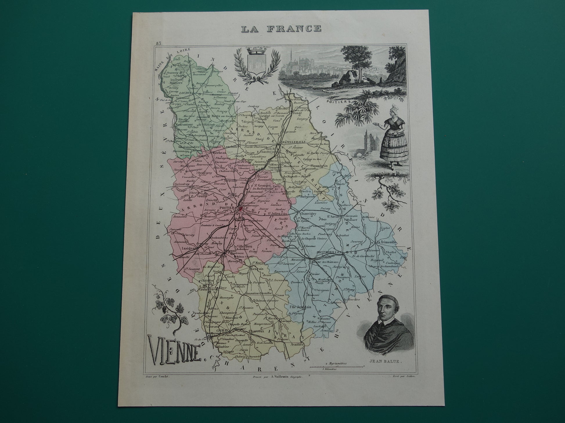 Oude kaart van VIENNE departement in Frankrijk uit 1872 originele antieke handgekleurde landkaart Poitiers