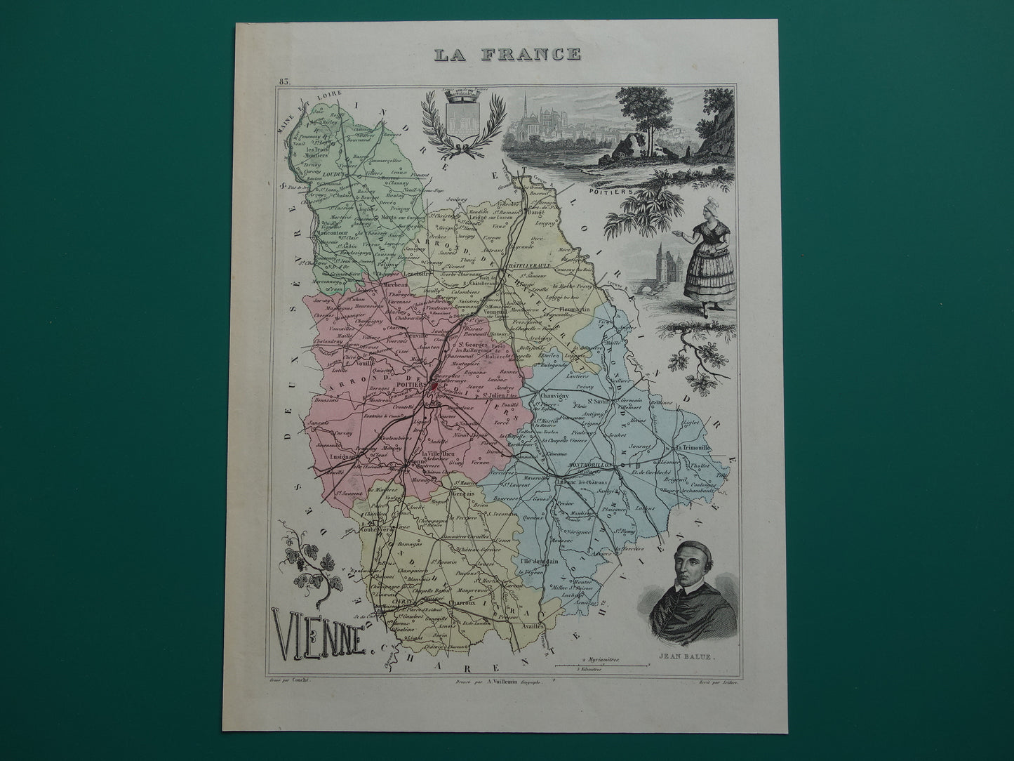 Old map of VIENNE department in France from 1872 original antique hand colored map Poitiers