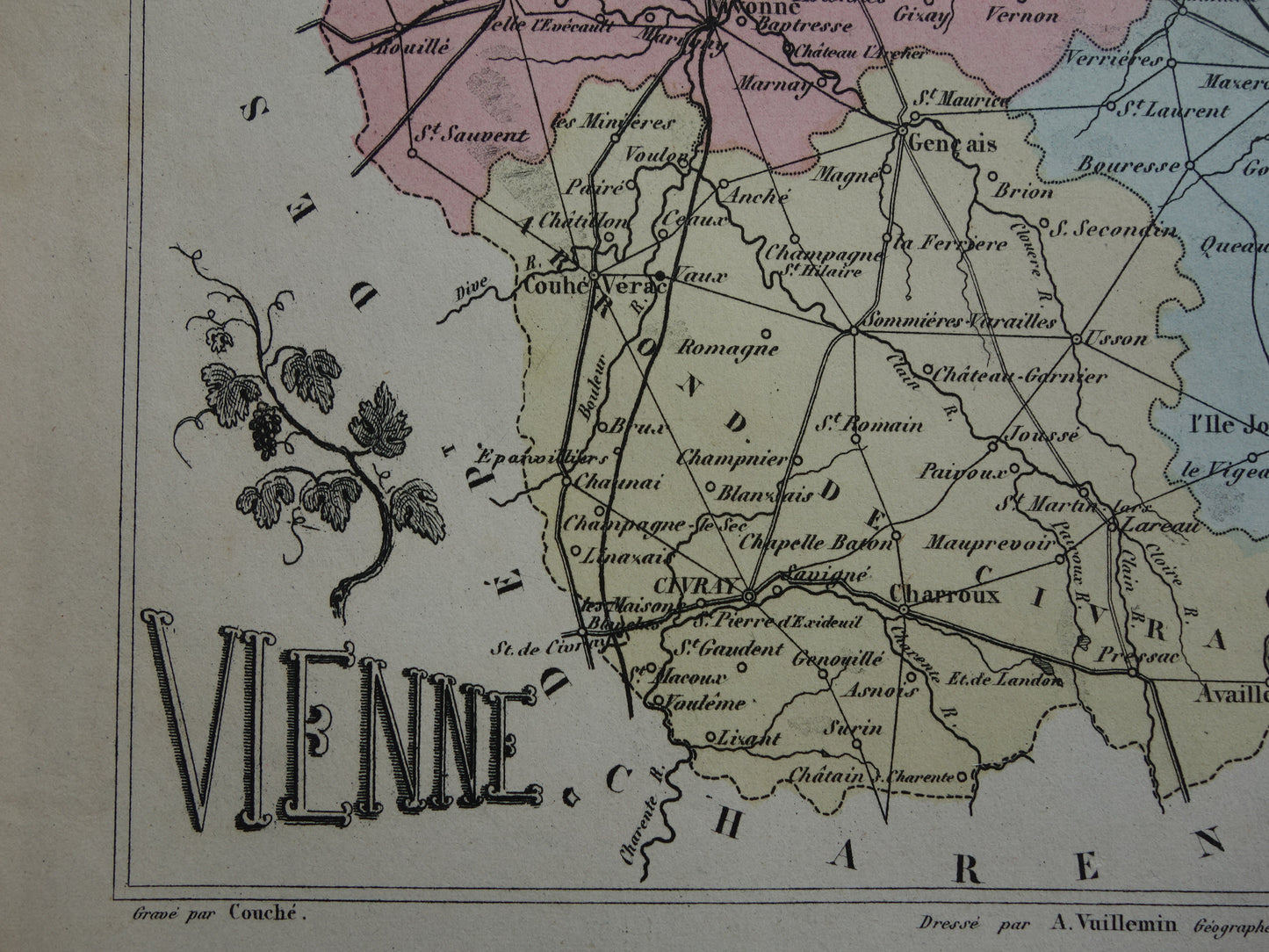 Old map of VIENNE department in France from 1872 original antique hand colored map Poitiers