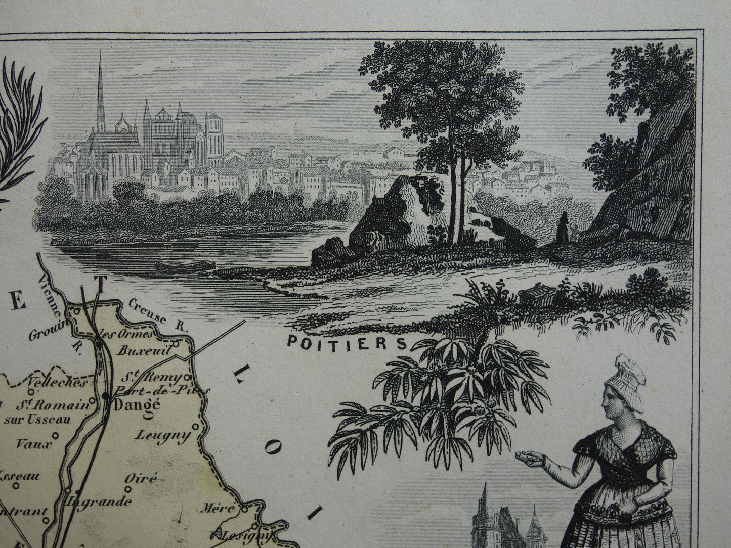 Old map of VIENNE department in France from 1872 original antique hand colored map Poitiers