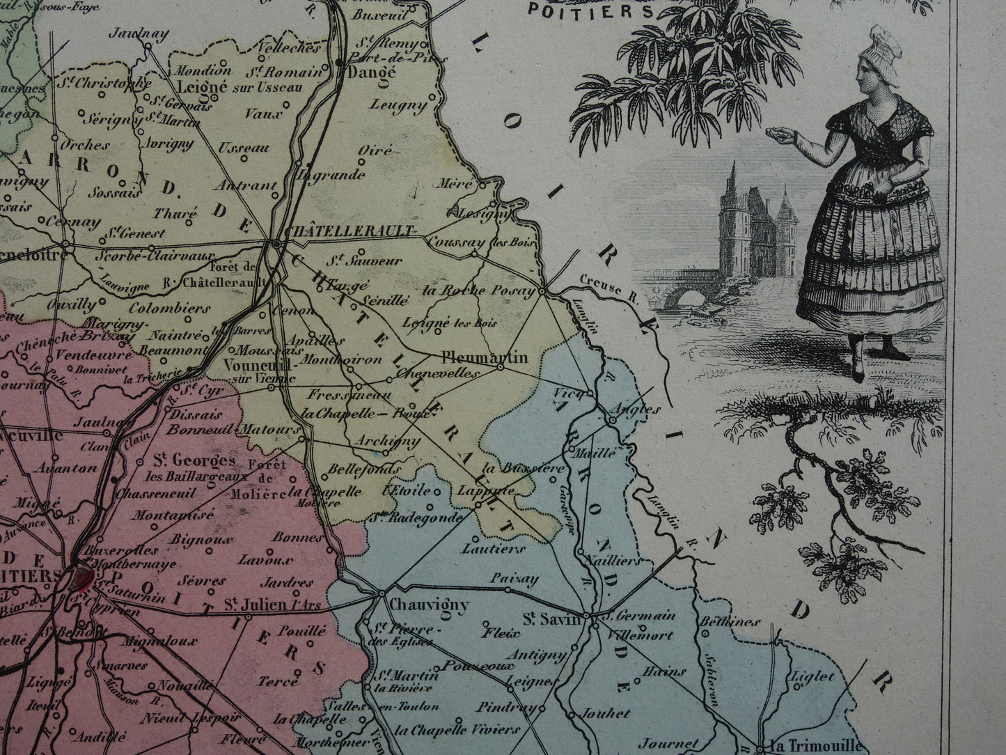 Old map of VIENNE department in France from 1872 original antique hand colored map Poitiers