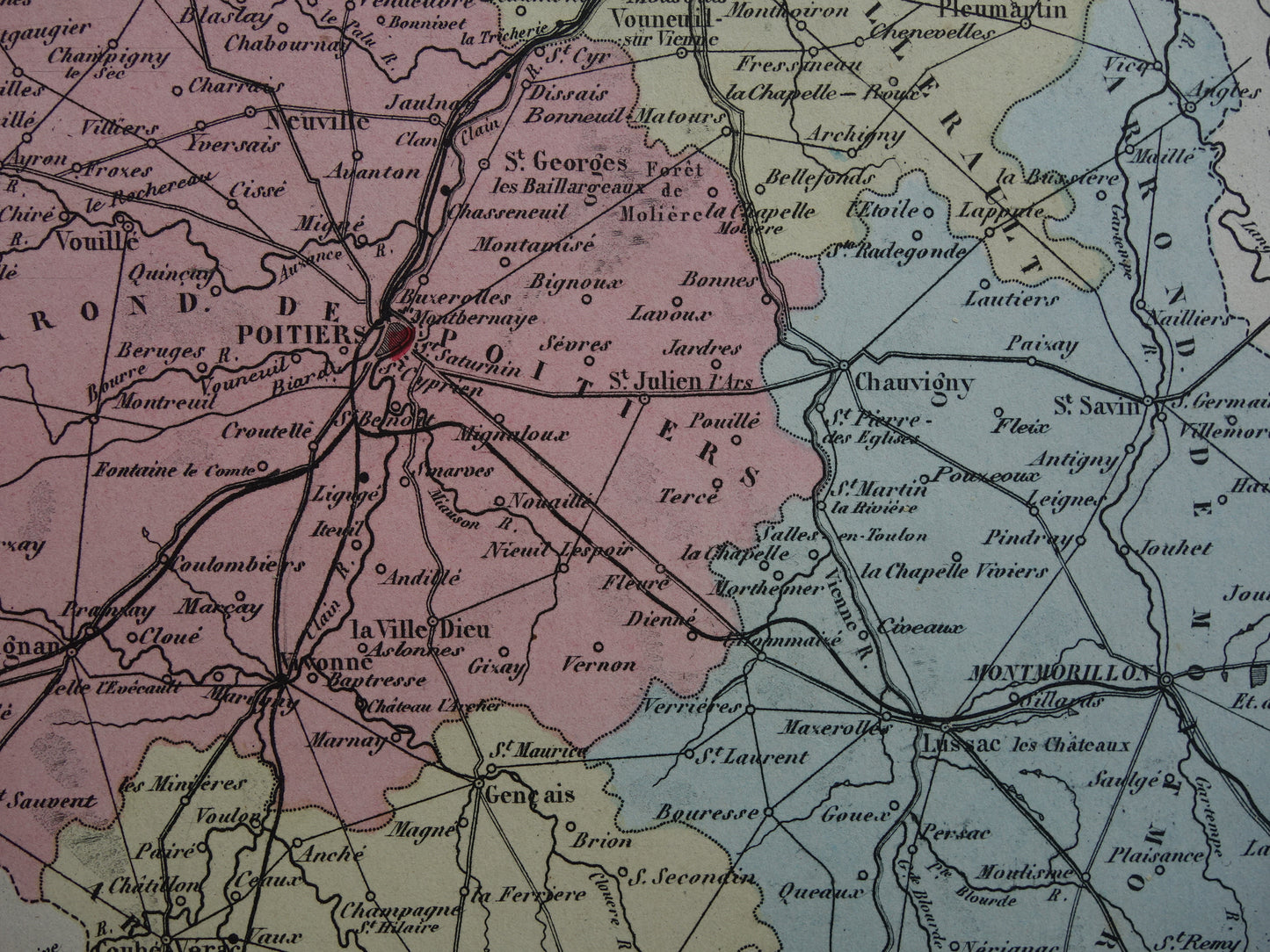Old map of VIENNE department in France from 1872 original antique hand colored map Poitiers