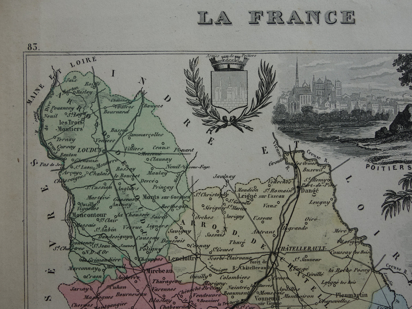 Old map of VIENNE department in France from 1872 original antique hand colored map Poitiers