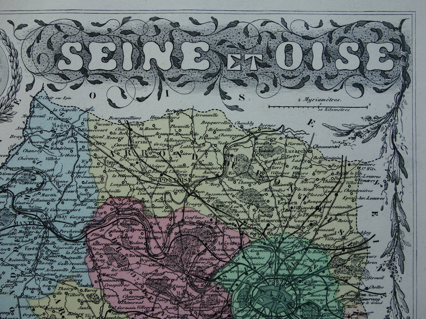 Map of Paris and Versailles region from 1872 original antique old hand colored map Seine-et-Oise department