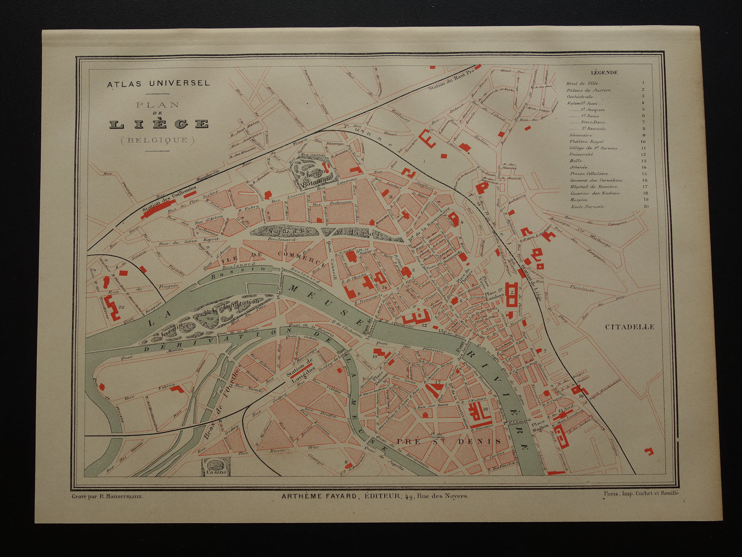 Luik oude kaart van Luik België uit 1879 originele antieke Franse plattegrond carte de Liège