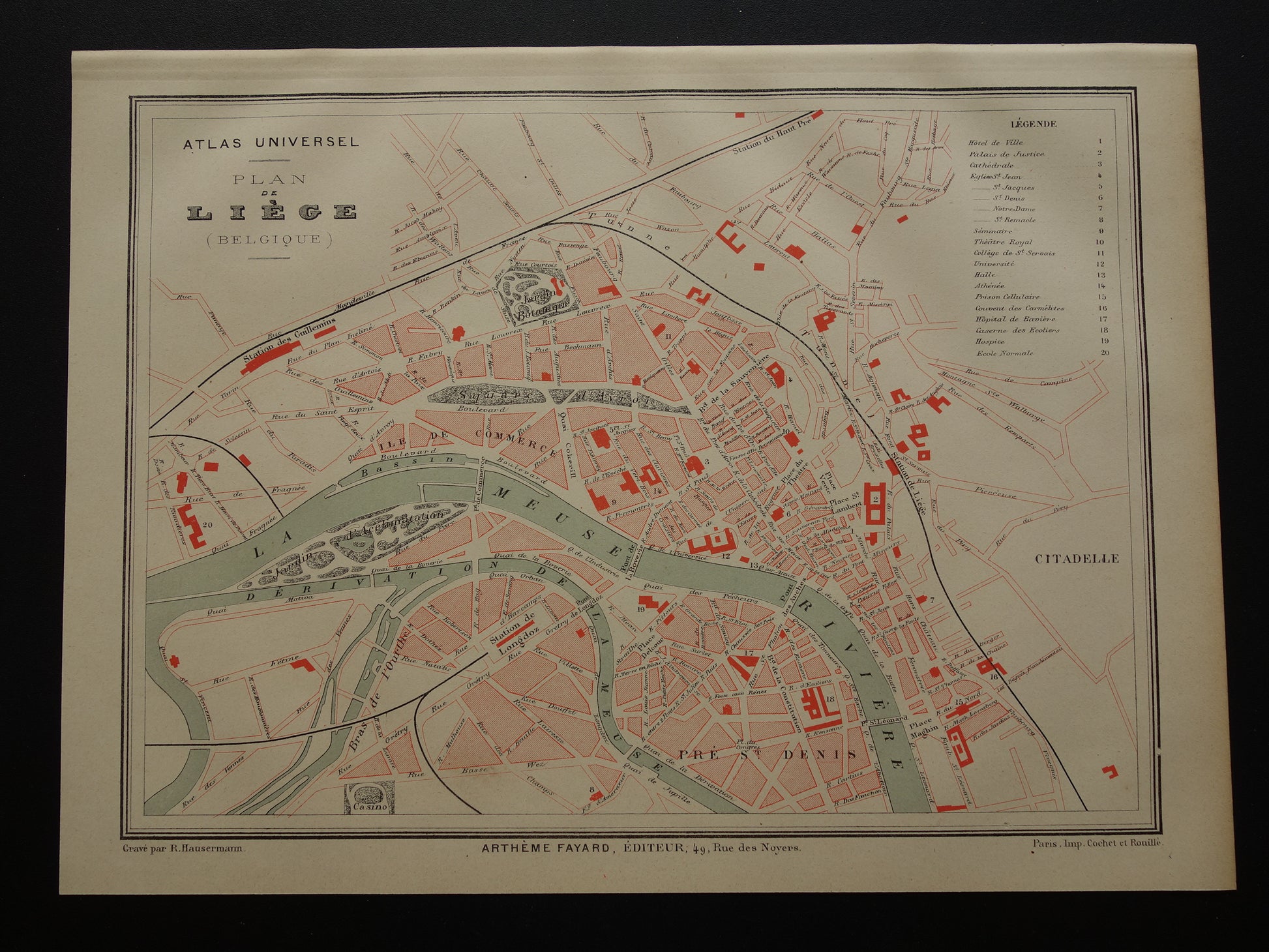 Luik oude kaart van Luik België uit 1879 originele antieke Franse plattegrond carte de Liège