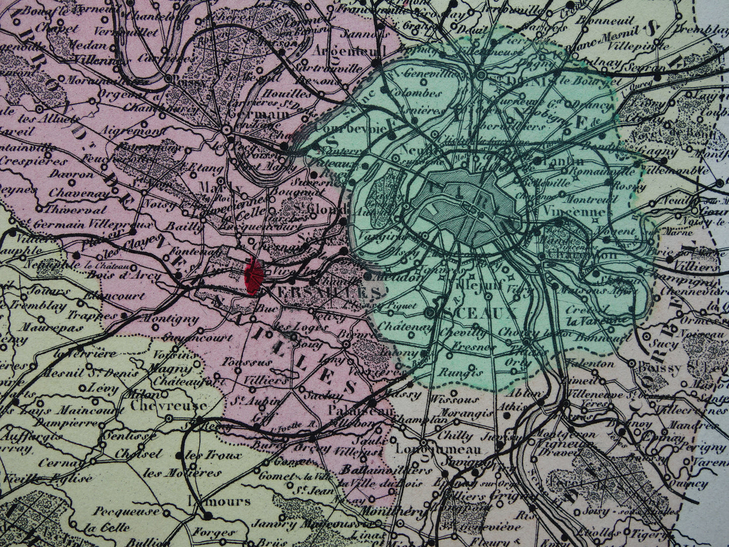 Map of Paris and Versailles region from 1872 original antique old hand colored map Seine-et-Oise department
