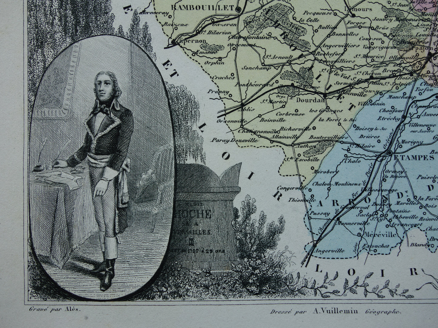 Map of Paris and Versailles region from 1872 original antique old hand colored map Seine-et-Oise department