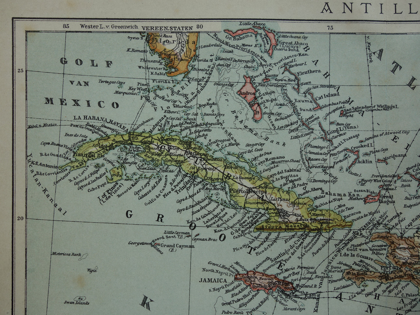 Old map of the Caribbean 1905 original antique map Caribbean Antilles Caribbean islands for sale Cuba Aruba Curacao