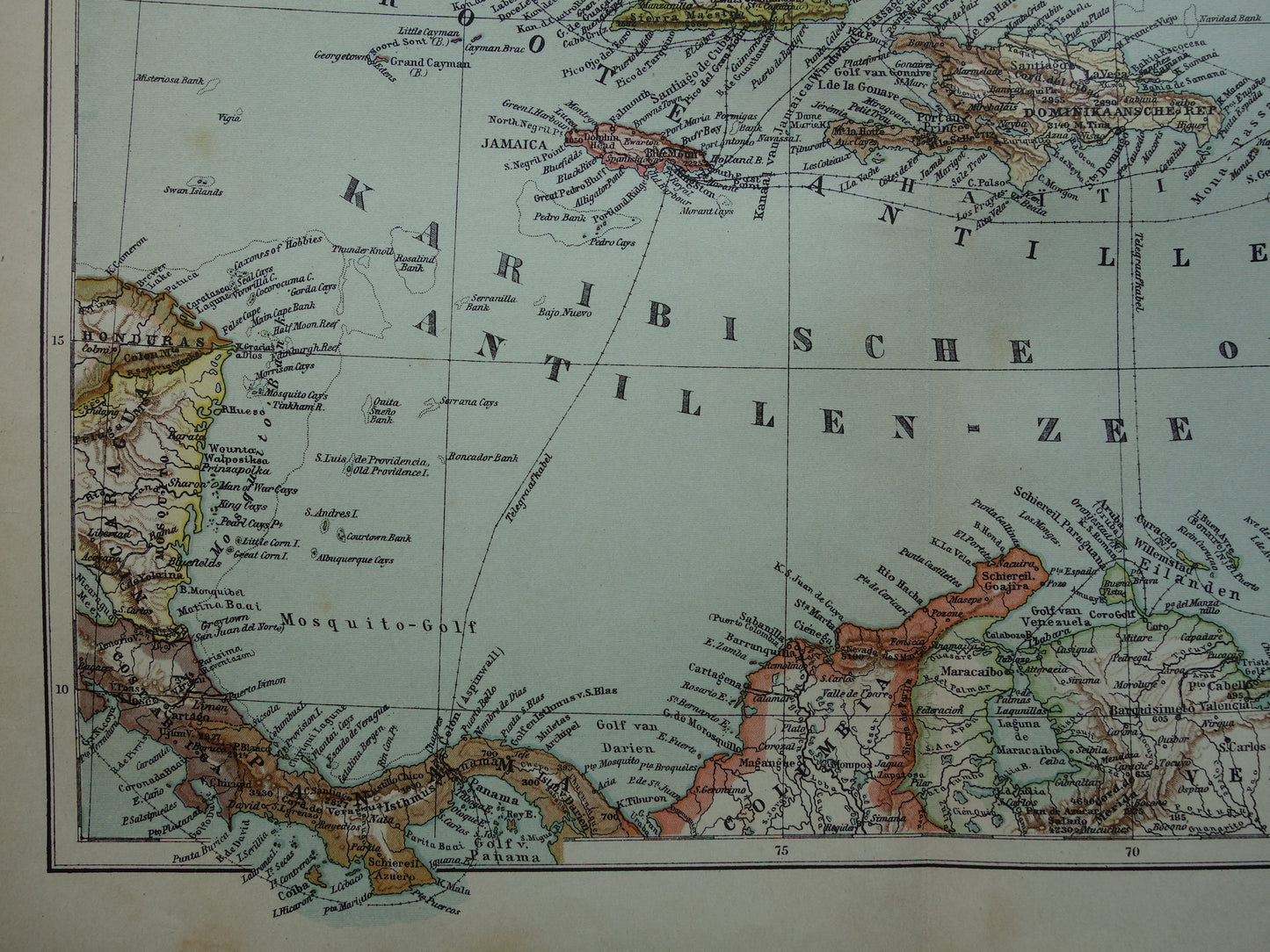 Old map of the Caribbean 1905 original antique map Caribbean Antilles Caribbean islands for sale Cuba Aruba Curacao