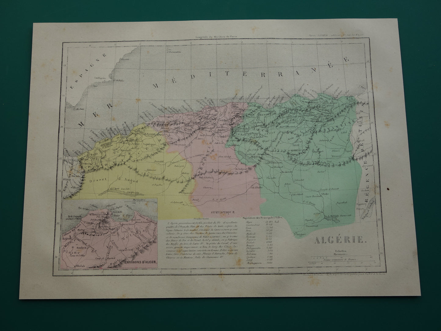 Antieke Franse landkaart van Algerije uit 1877 originele 145+ jaar oude handgekleurde kaart