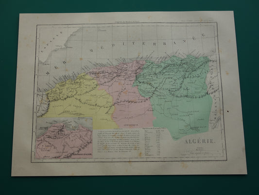 Antieke Franse landkaart van Algerije uit 1877 originele 145+ jaar oude handgekleurde kaart