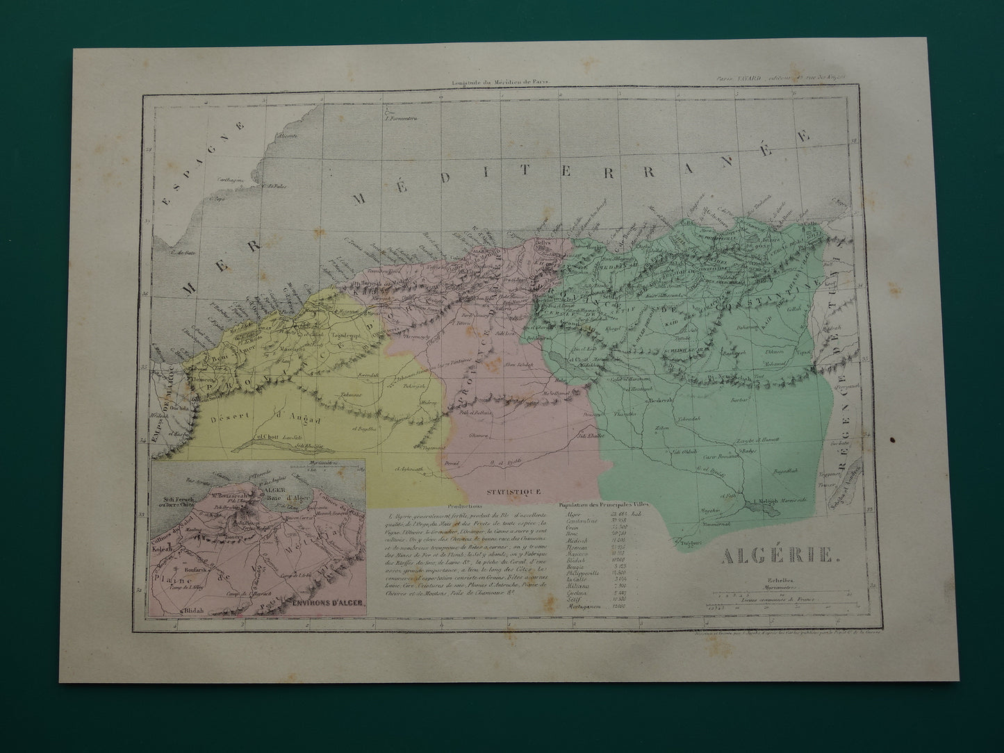 Antique French map of Algeria from 1877 original 145+ year old hand colored map