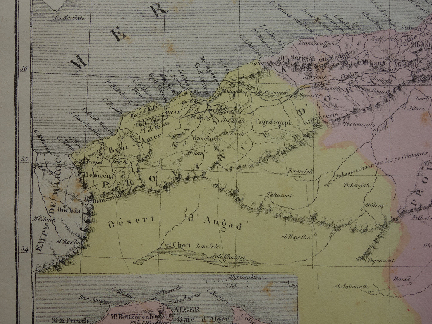 Antique French map of Algeria from 1877 original 145+ year old hand colored map