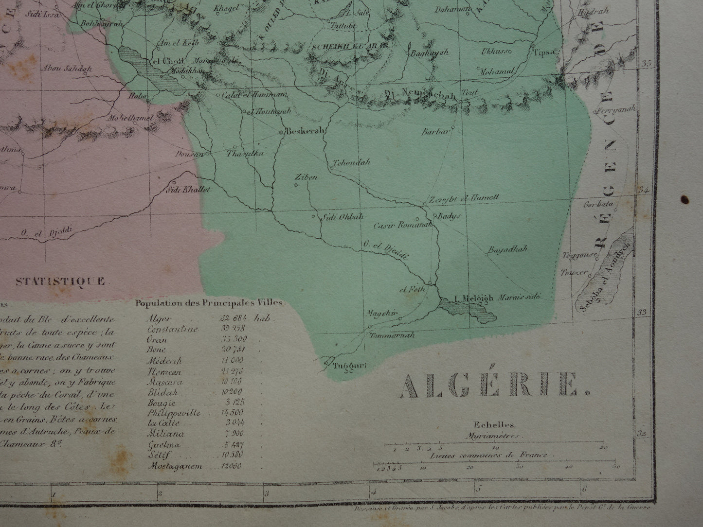 Antique French map of Algeria from 1877 original 145+ year old hand colored map