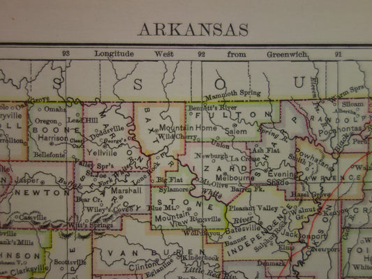 ARKANSAS Antieke landkaart van de staat Arkansas 1875 originele oude kaart Little Rock Fayetteville Fort Smith Hot Springs Colchester VS te koop Verenigde Staten